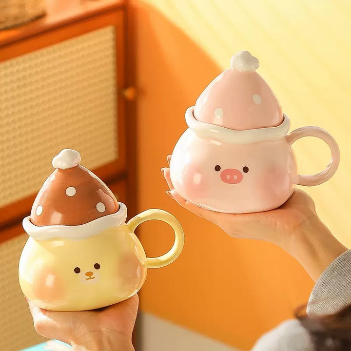 Ceramic Mug with Lid – Cute Pig & Bear Design, Heat Resistant, Microwave & Dishwasher Safe