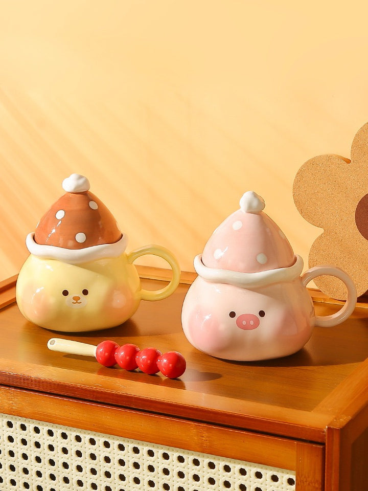Ceramic Mug with Lid – Cute Pig & Bear Design, Heat Resistant, Microwave & Dishwasher Safe