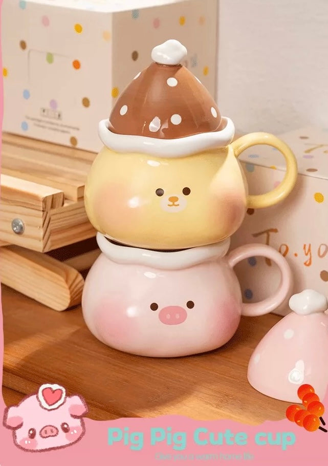 Ceramic Mug with Lid – Cute Pig & Bear Design, Heat Resistant, Microwave & Dishwasher Safe