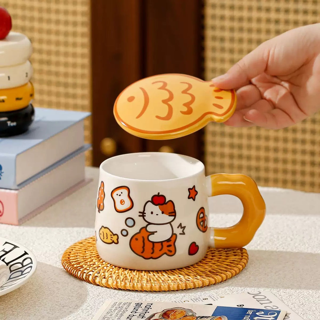 Ceramic Mug with Lid – Taiyaki Cat Design, Underglaze Finish, Heat Resistant
