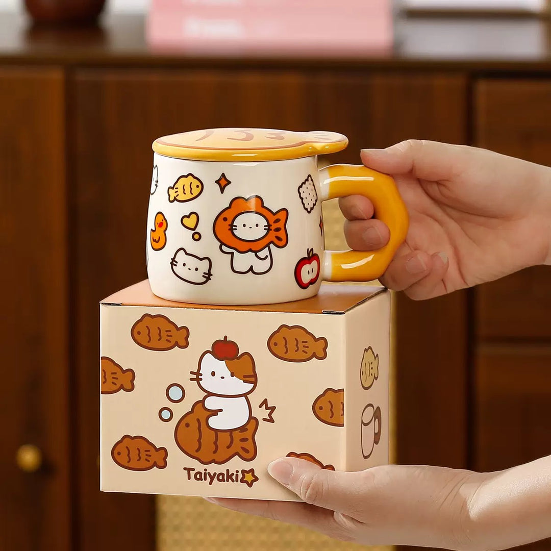 Ceramic Mug with Lid – Taiyaki Cat Design, Underglaze Finish, Heat Resistant