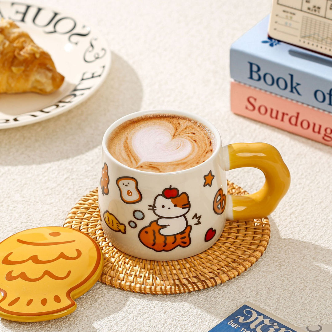 Ceramic Mug with Lid – Taiyaki Cat Design, Underglaze Finish, Heat Resistant