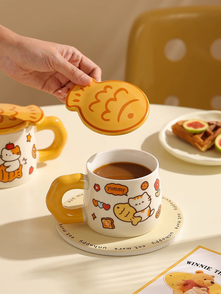 Ceramic Mug with Lid – Taiyaki Cat Design, Underglaze Finish, Heat Resistant