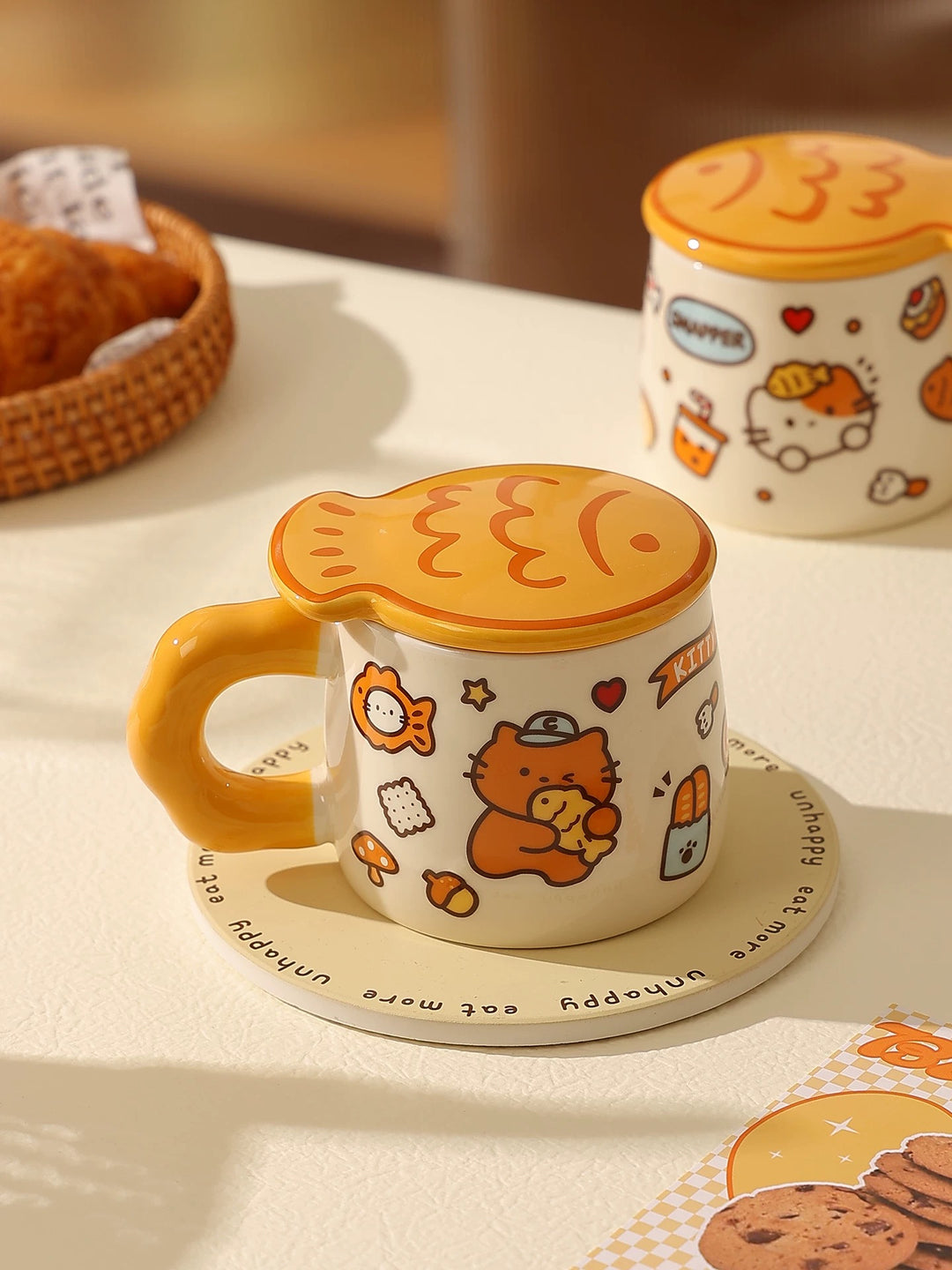 Ceramic Mug with Lid – Taiyaki Cat Design, Underglaze Finish, Heat Resistant