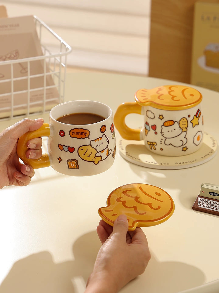 Ceramic Mug with Lid – Taiyaki Cat Design, Underglaze Finish, Heat Resistant