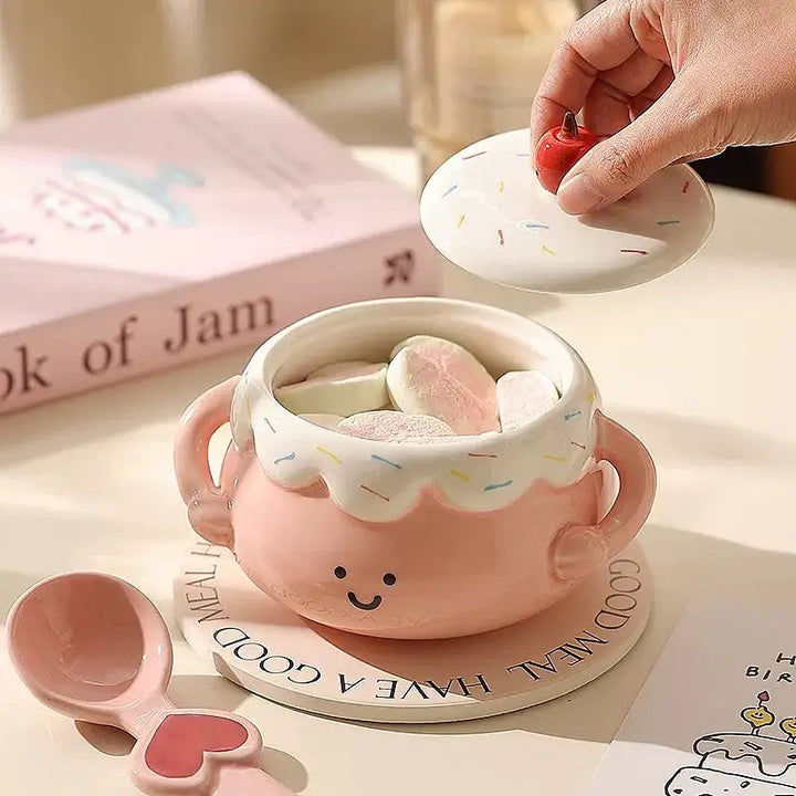 🍰🍒 Chubby Ceramic Stew Pot| Single-Serve Underglaze Lidded Soup Bowl with Double Handles