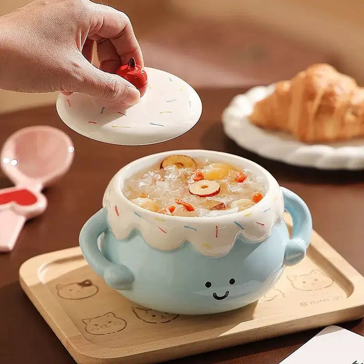 🍰🍒 Chubby Ceramic Stew Pot| Single-Serve Underglaze Lidded Soup Bowl with Double Handles