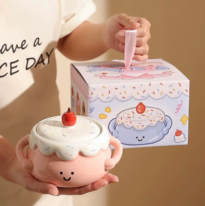🍰🍒 Chubby Ceramic Stew Pot| Single-Serve Underglaze Lidded Soup Bowl with Double Handles
