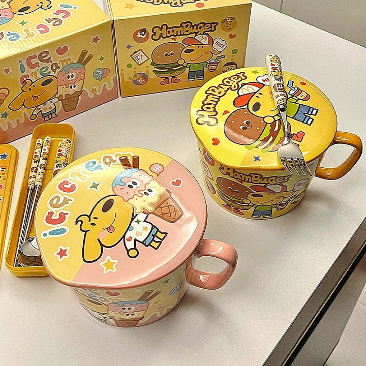 Keir™️ Burger Dog Ceramic Ramen Bowl with Lid & Handle – Breakfast Bowl