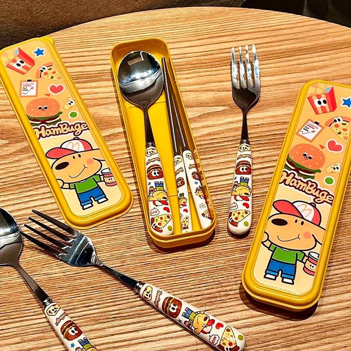 Keir™️ Burger Dog 3-Piece Portable Stainless Steel Cutlery Set – Chopsticks, Spoon & Fork (304 Stainless Steel)