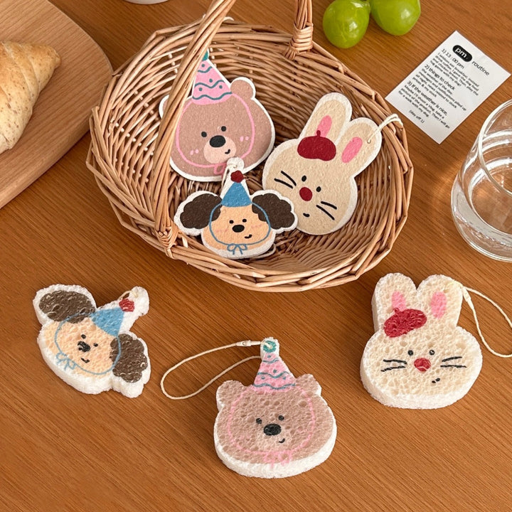 🌟 Kitchen Essential • Cute Hanging Strap Natural Wood Pulp Cotton Scrubber Set