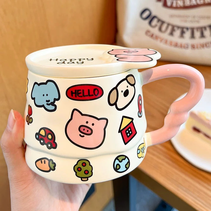 Doodle Cute Animal Series Ceramic Mug with Lid