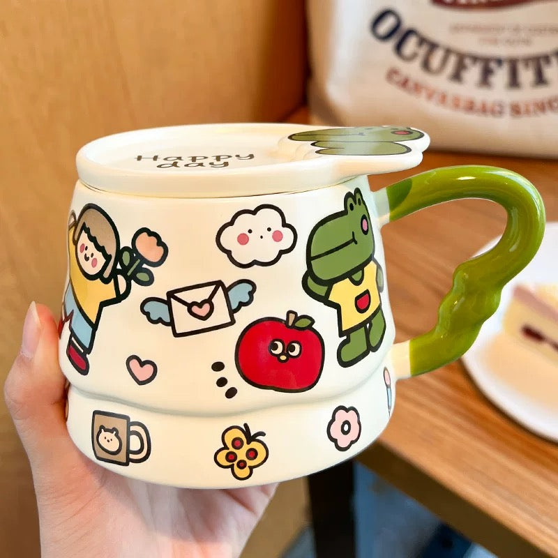 Doodle Cute Animal Series Ceramic Mug with Lid