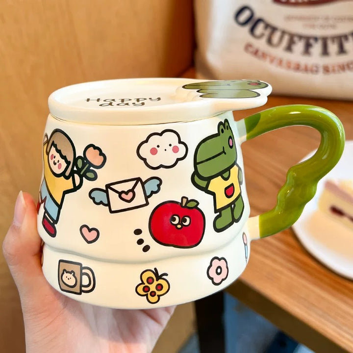 Doodle Cute Animal Series Ceramic Mug with Lid