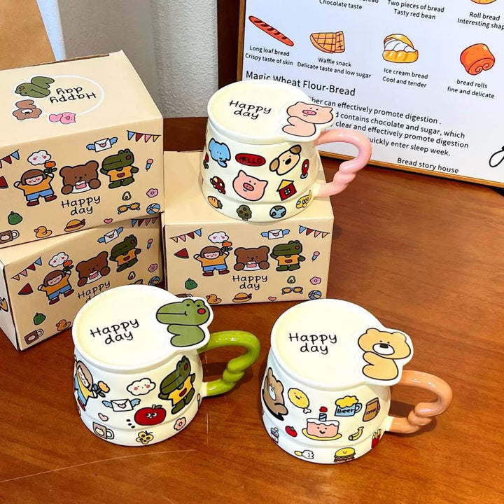 Doodle Cute Animal Series Ceramic Mug with Lid