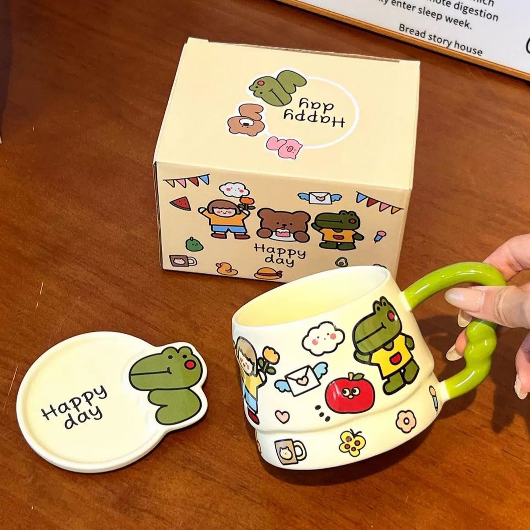 Doodle Cute Animal Series Ceramic Mug with Lid