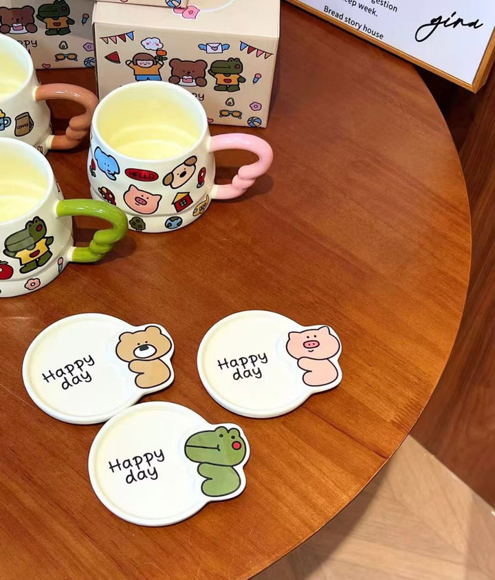 Doodle Cute Animal Series Ceramic Mug with Lid