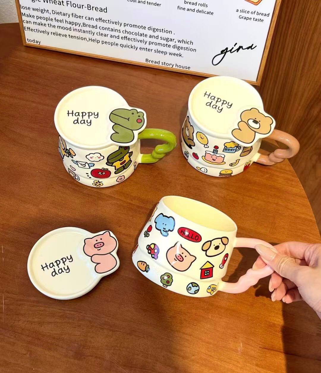 Doodle Cute Animal Series Ceramic Mug with Lid