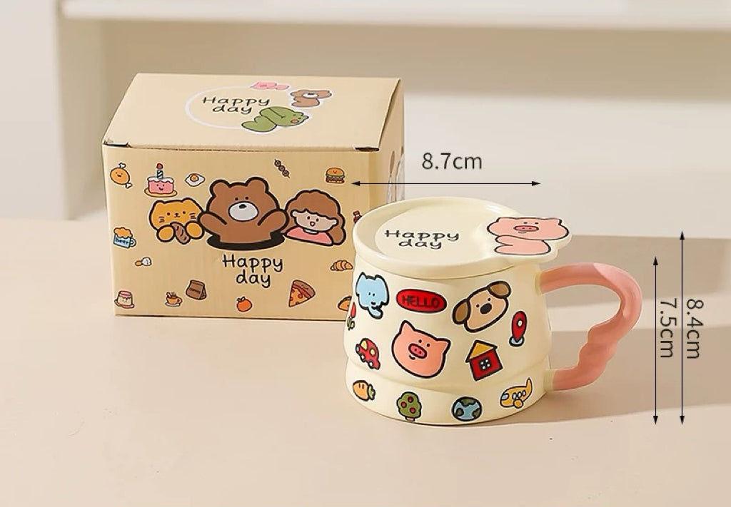 Doodle Cute Animal Series Ceramic Mug with Lid