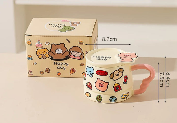 Doodle Cute Animal Series Ceramic Mug with Lid