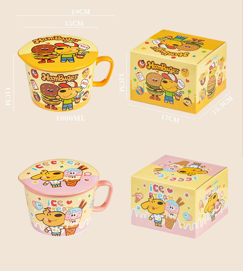 Keir™️ Burger Dog Ceramic Ramen Bowl with Lid & Handle – Breakfast Bowl