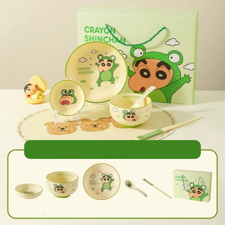 🖍️ Crayon Shin-chan Solo Dining Set — Animal Series 🐸🐼🐯🐊 Ceramic Bowl & Plate Set with Gift Box 🎁