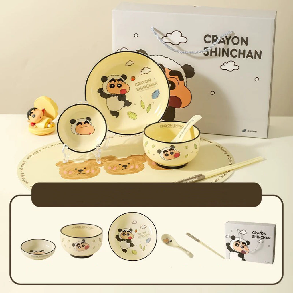 🖍️ Crayon Shin-chan Solo Dining Set — Animal Series 🐸🐼🐯🐊 Ceramic Bowl & Plate Set with Gift Box 🎁