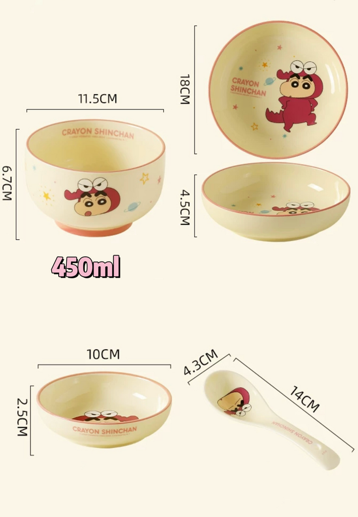 🖍️ Crayon Shin-chan Solo Dining Set — Animal Series 🐸🐼🐯🐊 Ceramic Bowl & Plate Set with Gift Box 🎁