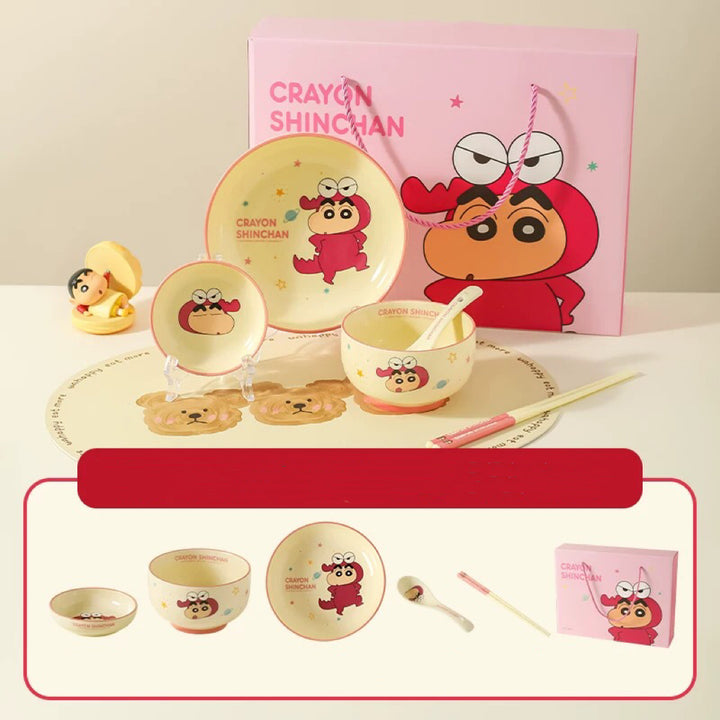 🖍️ Crayon Shin-chan Solo Dining Set — Animal Series 🐸🐼🐯🐊 Ceramic Bowl & Plate Set with Gift Box 🎁