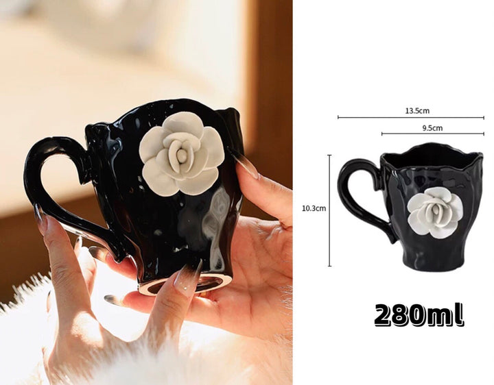 Camellia Blossom Coffee Cup & Saucer Set |Handcrafted Embossed Camellia Mug ☕ | Milk Cup 🥛