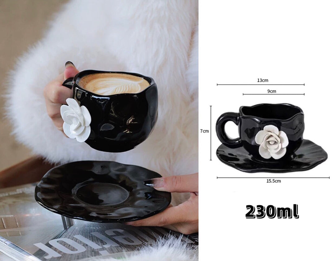 Camellia Blossom Coffee Cup & Saucer Set |Handcrafted Embossed Camellia Mug ☕ | Milk Cup 🥛