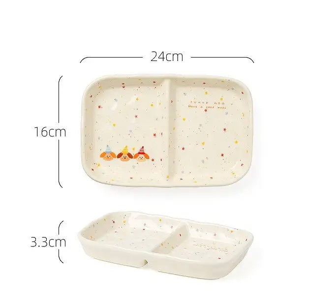 【211 Portion Control ˶⚈₃⚈˵🥗 Slimming Divided Plate】 Set of three adorable illustrated ceramic tableware pieces