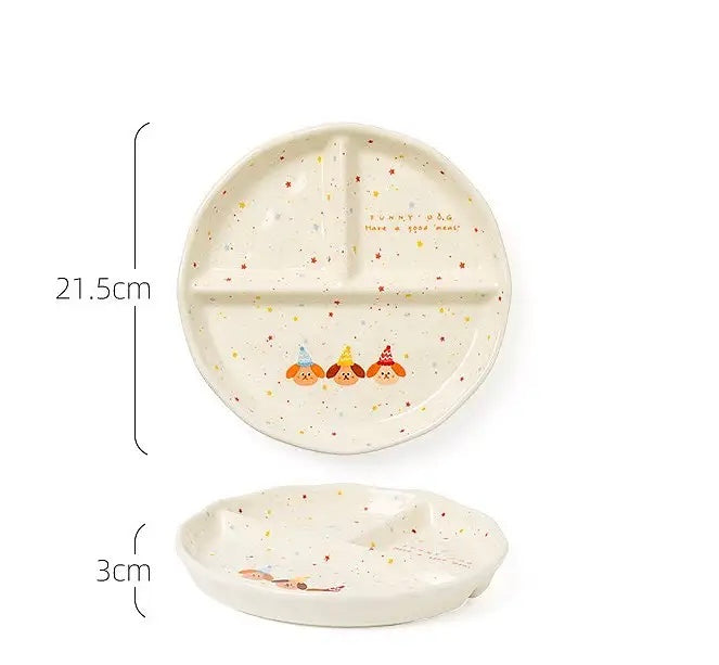 🍱 Handcrafted Three Cute Puppy Ceramic Divided Plates Set| Tableware Pieces