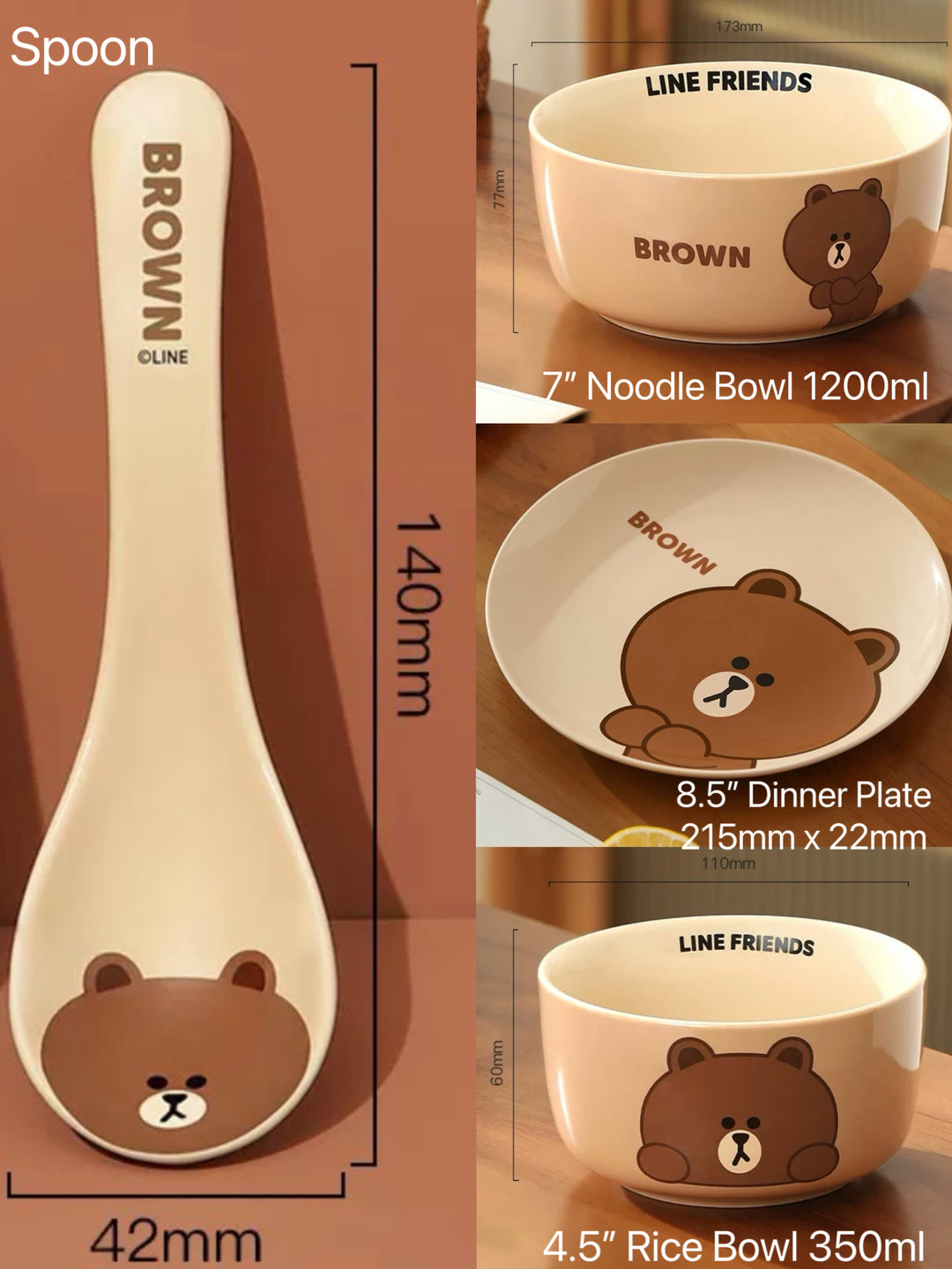 「LINE FRIENDS」Brown Bear 🐻 & Choco Bear 🎀 Ceramic Tableware 4-Piece Set for One, Gift Box with Handle 🎁