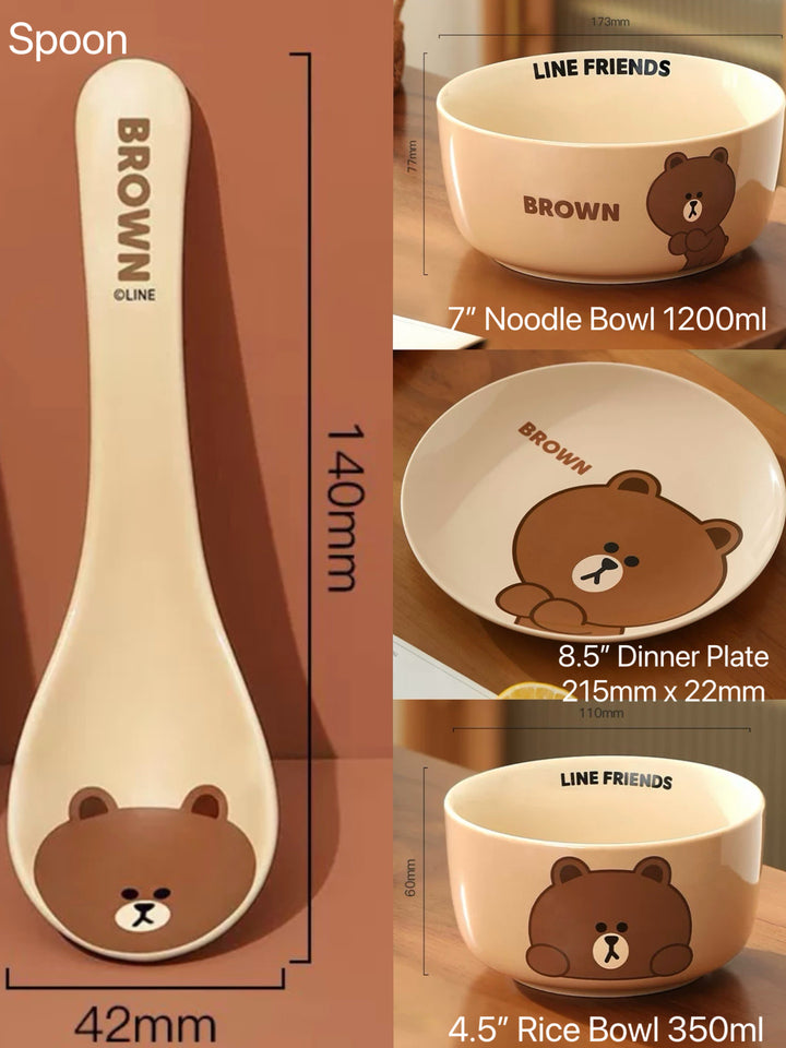 「LINE FRIENDS」Brown Bear 🐻 & Choco Bear 🎀 Ceramic Tableware 4-Piece Set for One, Gift Box with Handle 🎁