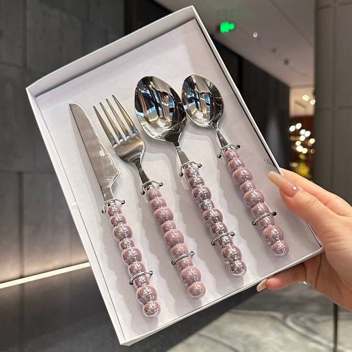 Cutlery Set 4pcs, Stainless Steel Pearl with Ceramic Pear Handles, Come with Giftbox
