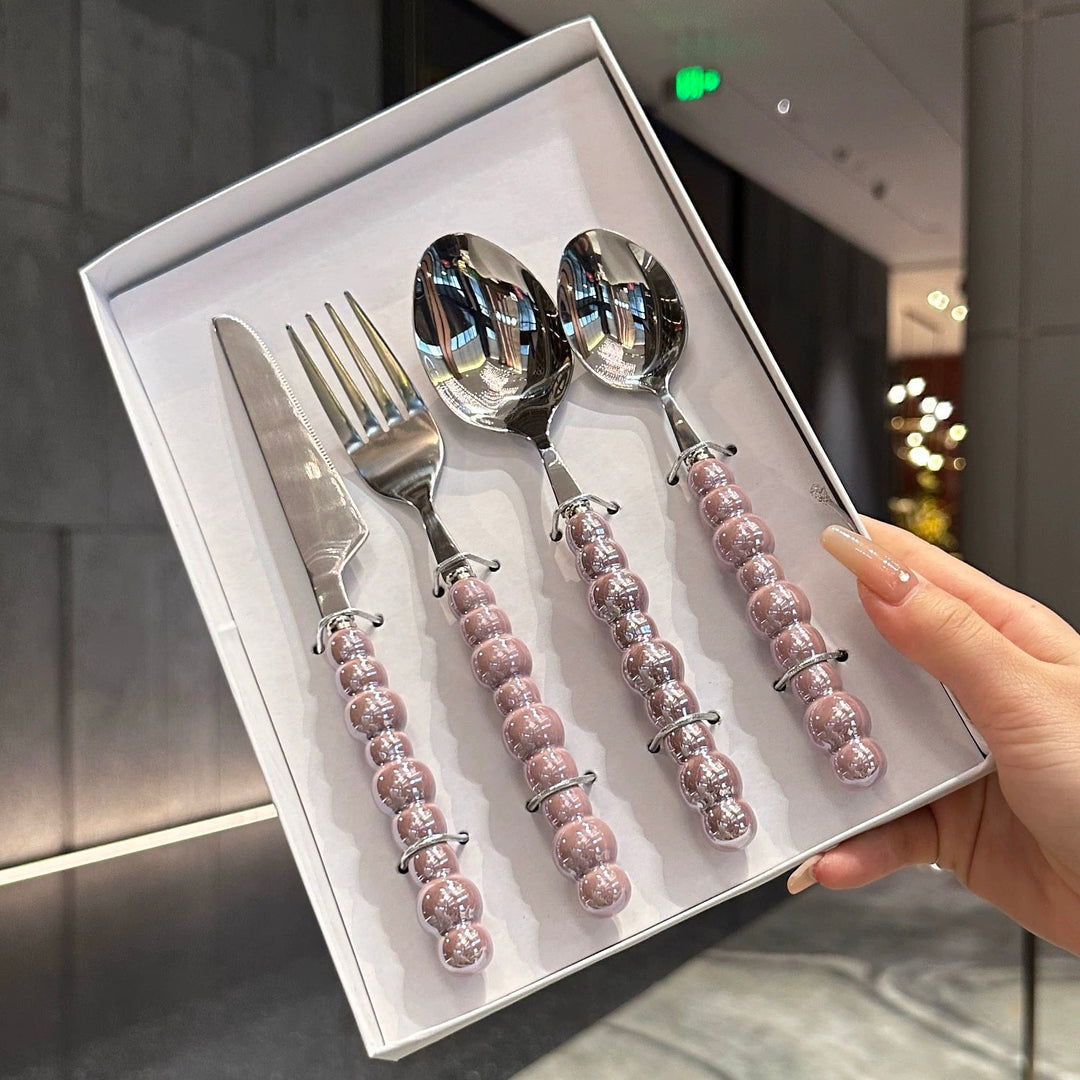 Cutlery Set 4pcs, Stainless Steel Pearl with Ceramic Pear Handles, Come with Giftbox