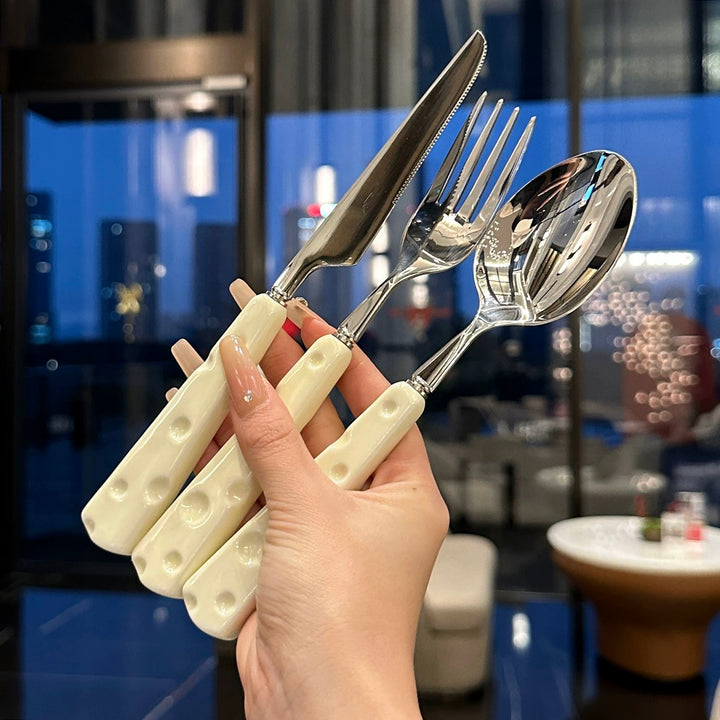 Stainless steel ceramic handle 「🧀️ cream-style」 3pcs set 🥄🍴 tableware set