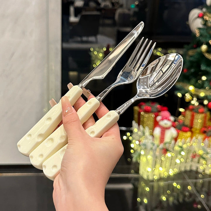 Stainless steel ceramic handle 「🧀️ cream-style」 3pcs set 🥄🍴 tableware set