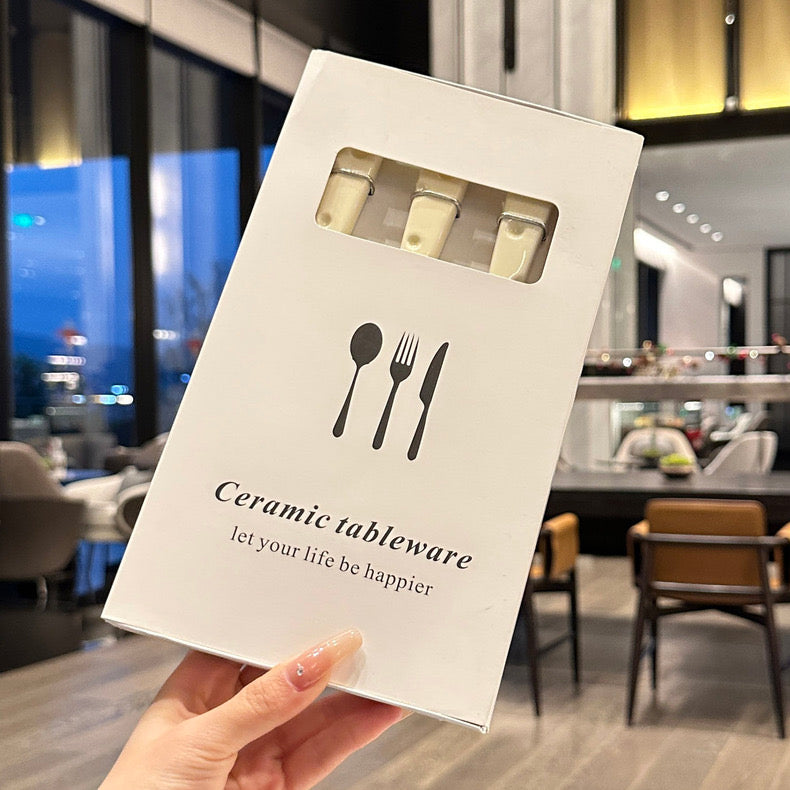 Stainless steel ceramic handle 「🧀️ cream-style」 3pcs set 🥄🍴 tableware set