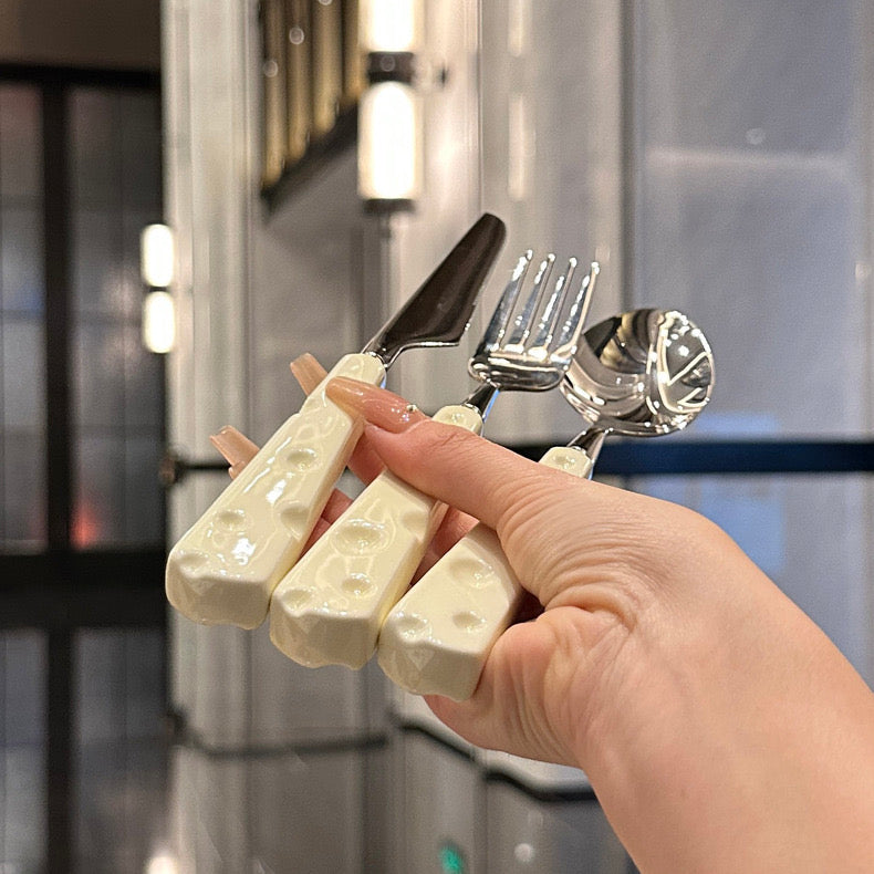 Stainless steel ceramic handle 「🧀️ cream-style」 3pcs set 🥄🍴 tableware set