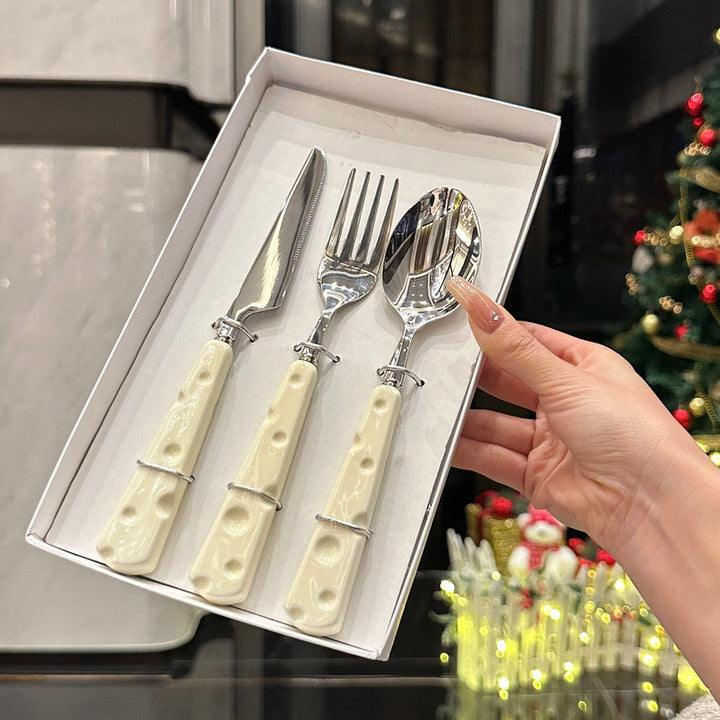 Stainless steel ceramic handle 「🧀️ cream-style」 3pcs set 🥄🍴 tableware set