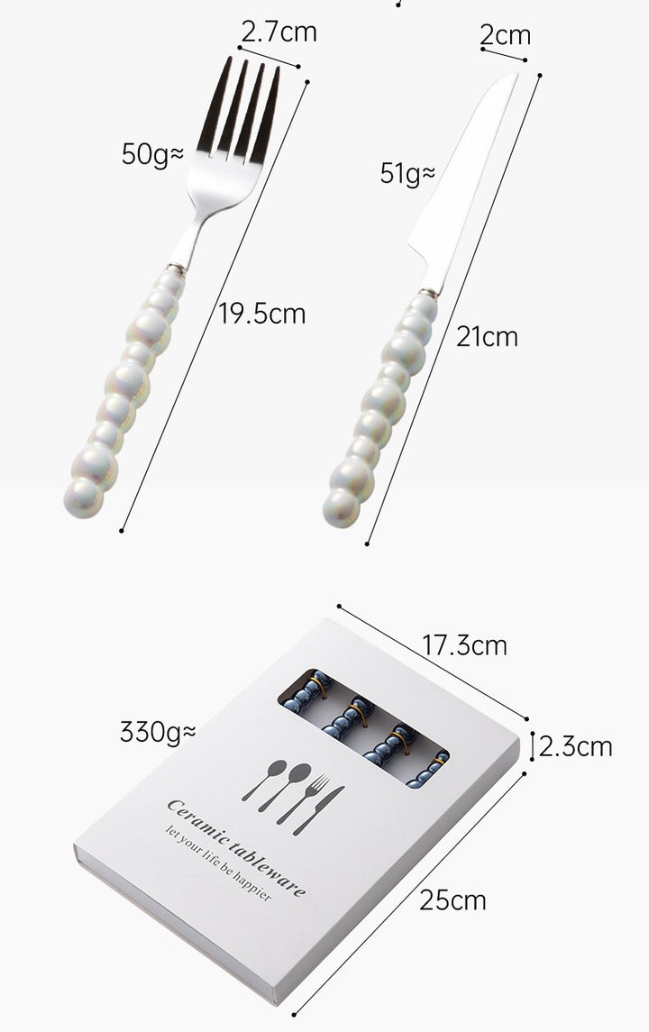 Cutlery Set 4pcs, Stainless Steel Pearl with Ceramic Pear Handles, Come with Giftbox