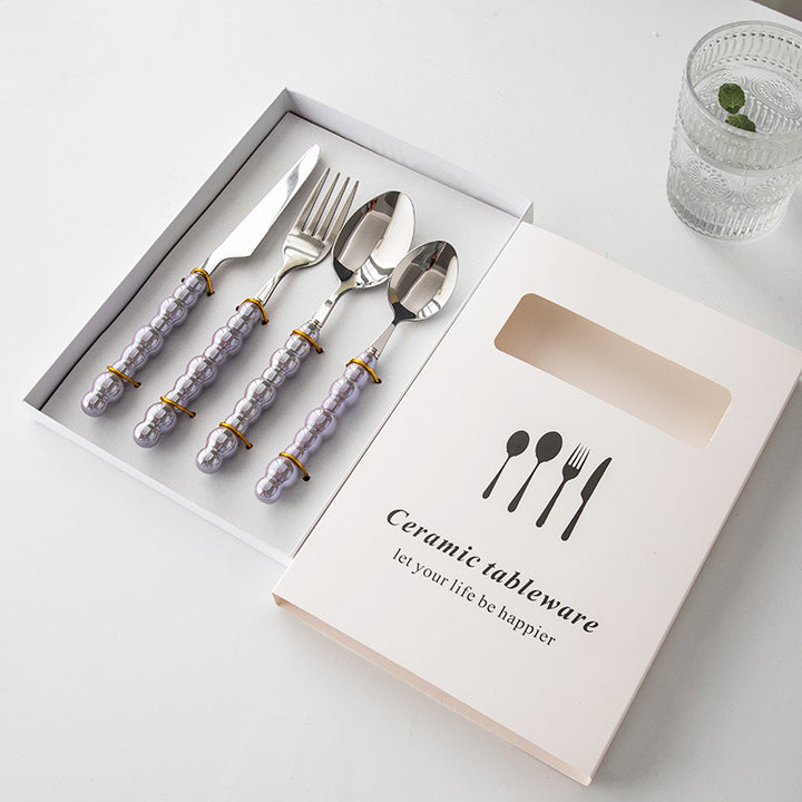 Cutlery Set 4pcs, Stainless Steel Pearl with Ceramic Pear Handles, Come with Giftbox