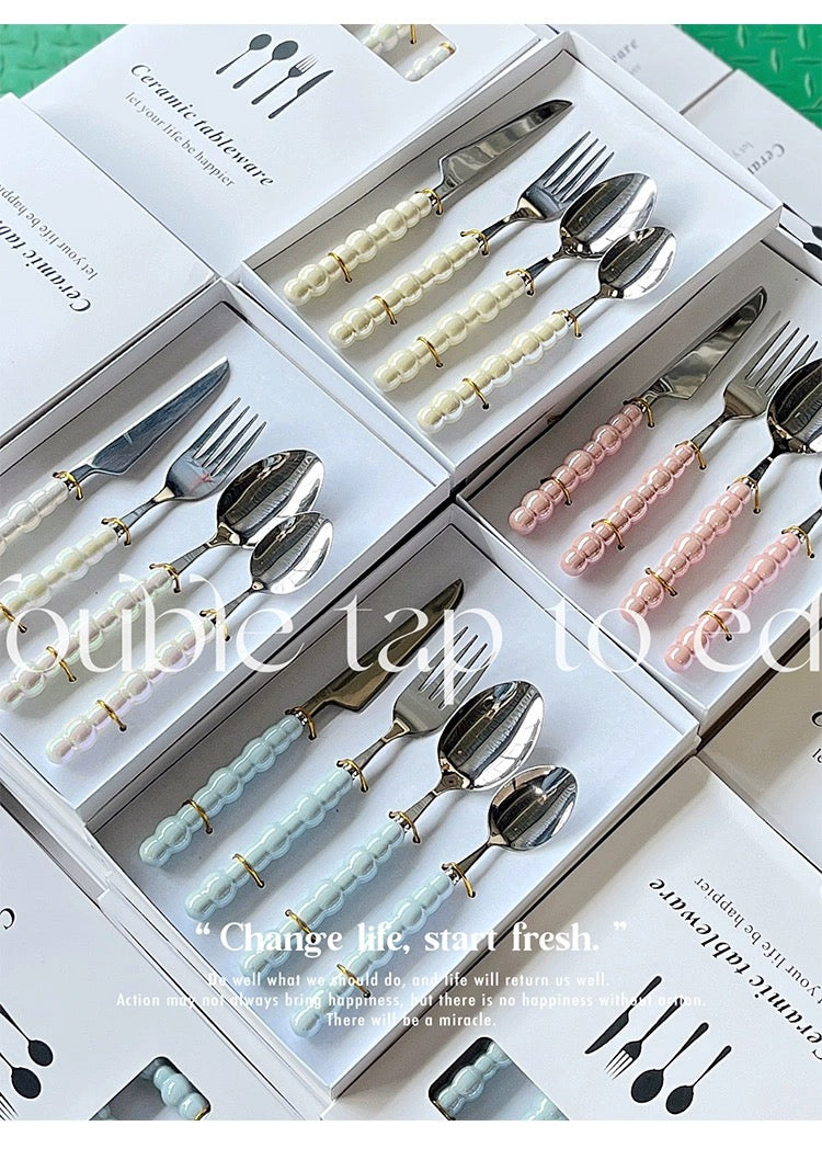 Cutlery Set 4pcs, Stainless Steel Pearl with Ceramic Pear Handles, Come with Giftbox
