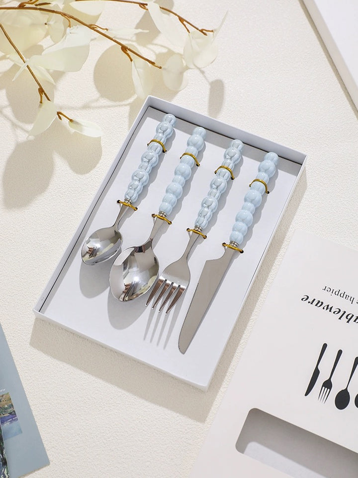 Cutlery Set 4pcs, Stainless Steel Pearl with Ceramic Pear Handles, Come with Giftbox