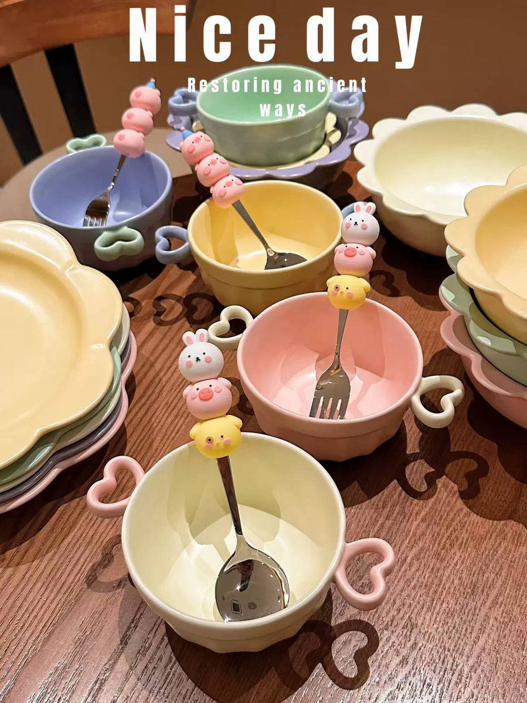Heart-Shaped Colourful Ceramic Bowl With Double Ear Handle