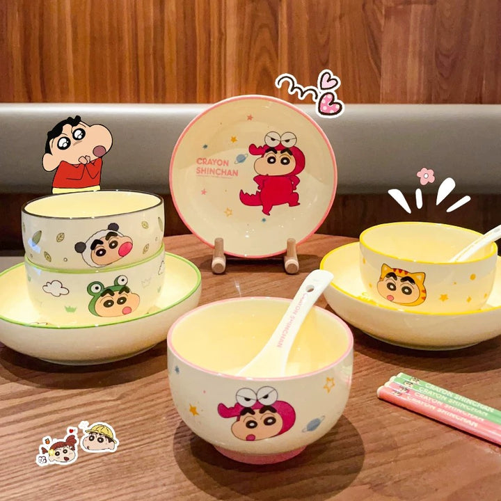 🖍️ Crayon Shin-chan Solo Dining Set — Animal Series 🐸🐼🐯🐊 Ceramic Bowl & Plate Set with Gift Box 🎁