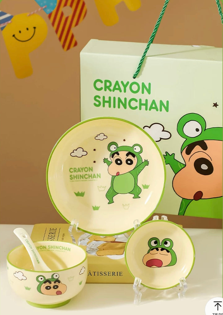 🖍️ Crayon Shin-chan Solo Dining Set — Animal Series 🐸🐼🐯🐊 Ceramic Bowl & Plate Set with Gift Box 🎁