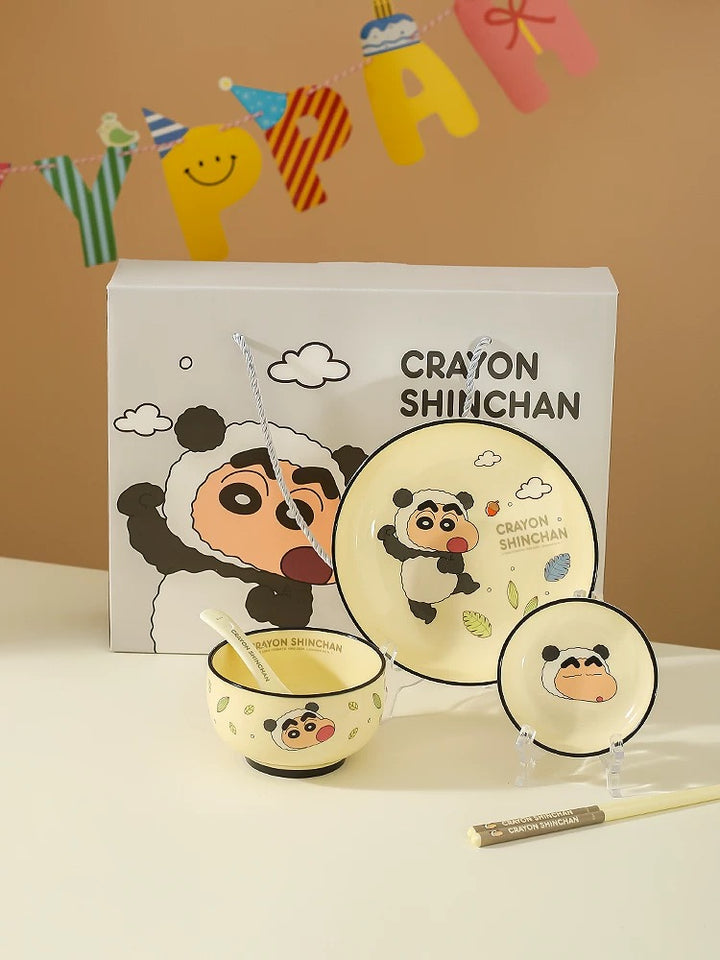 🖍️ Crayon Shin-chan Solo Dining Set — Animal Series 🐸🐼🐯🐊 Ceramic Bowl & Plate Set with Gift Box 🎁
